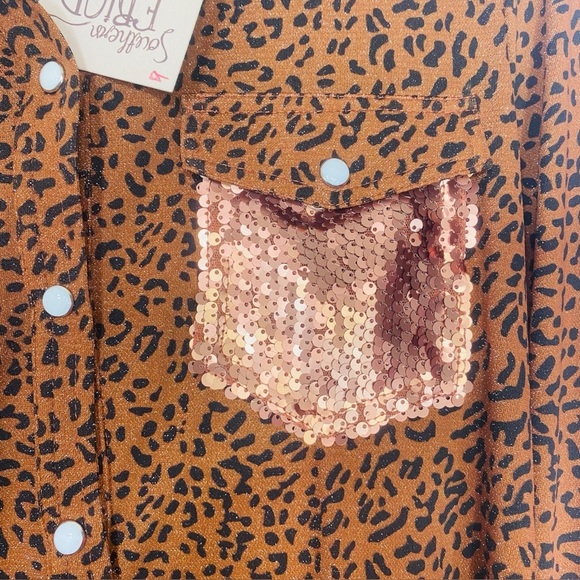 Chic Brown Leopard Print Blouse S Long Sleeves Shimmer Sequin Pockets Mid Length - Picture 2 of 9